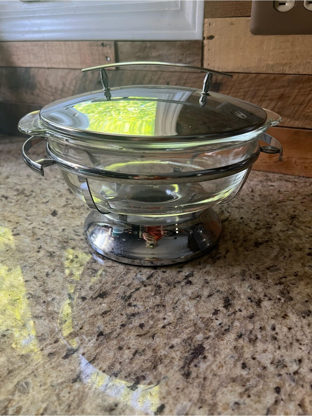 Vintage Fire King Glass Casserole Warmer Dish with Silver Stand and Lid MCM